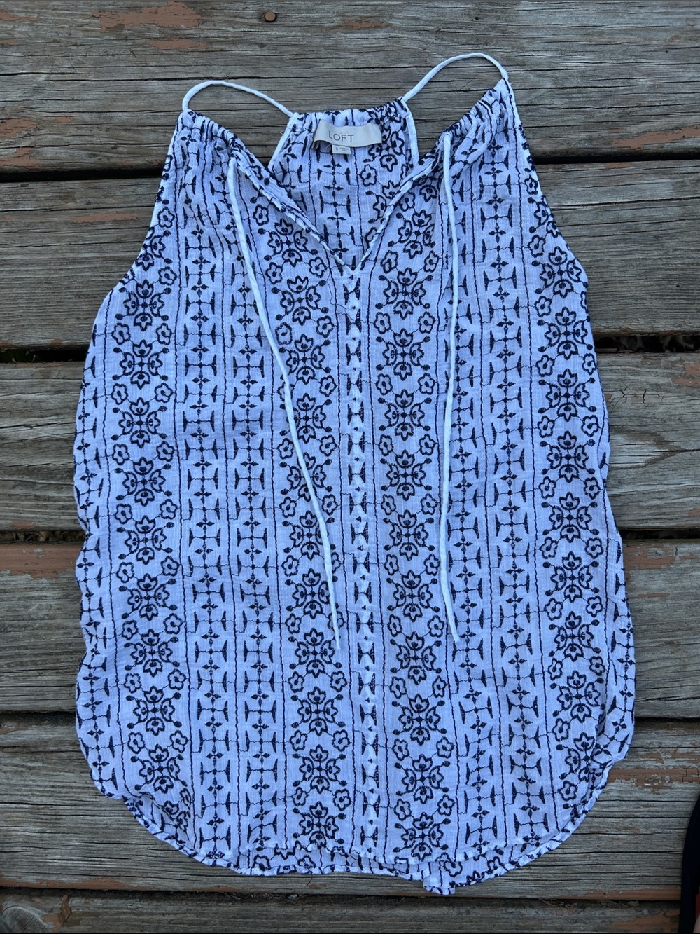 LOFT White Floral-Stripe Halter Tank with blue stiching